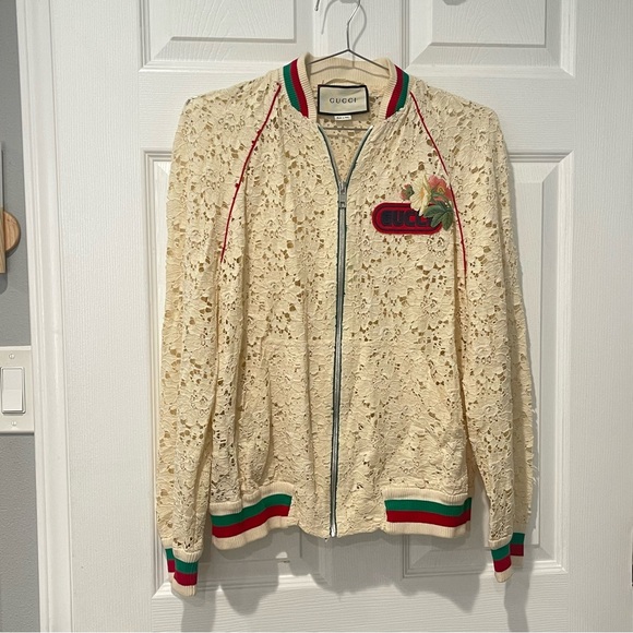 Gucci Jackets & Blazers - GUCCI Ivory Floral Rebrodé Lace Bomber Jacket 80s Logo IT 42